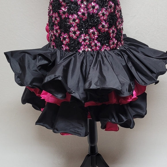 80s Vintage Alyce Designs Black Pink Sequin Floral Ruffle Bustier Mini Dress 6 - Picture 12 of 13